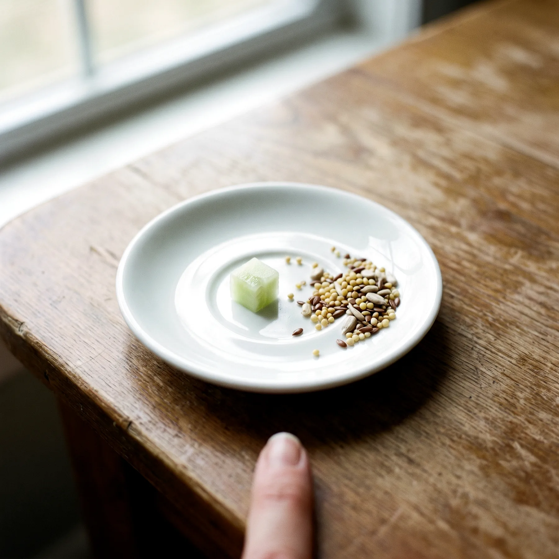 Un dé de concombre de la taille d'un ongle posé sur une soucoupe, à côté d'un mélange de graines