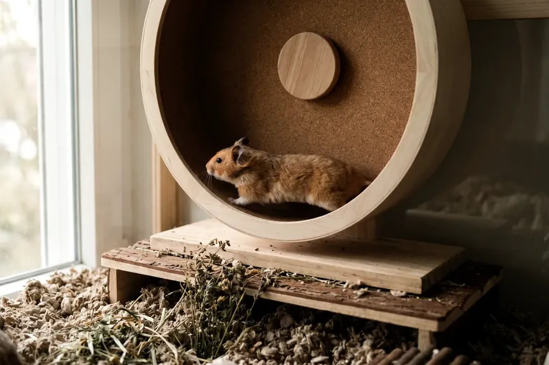 Hamster courant dans une roue pleine de grand diamètre, dos parfaitement droit et tête dans l'alignement
