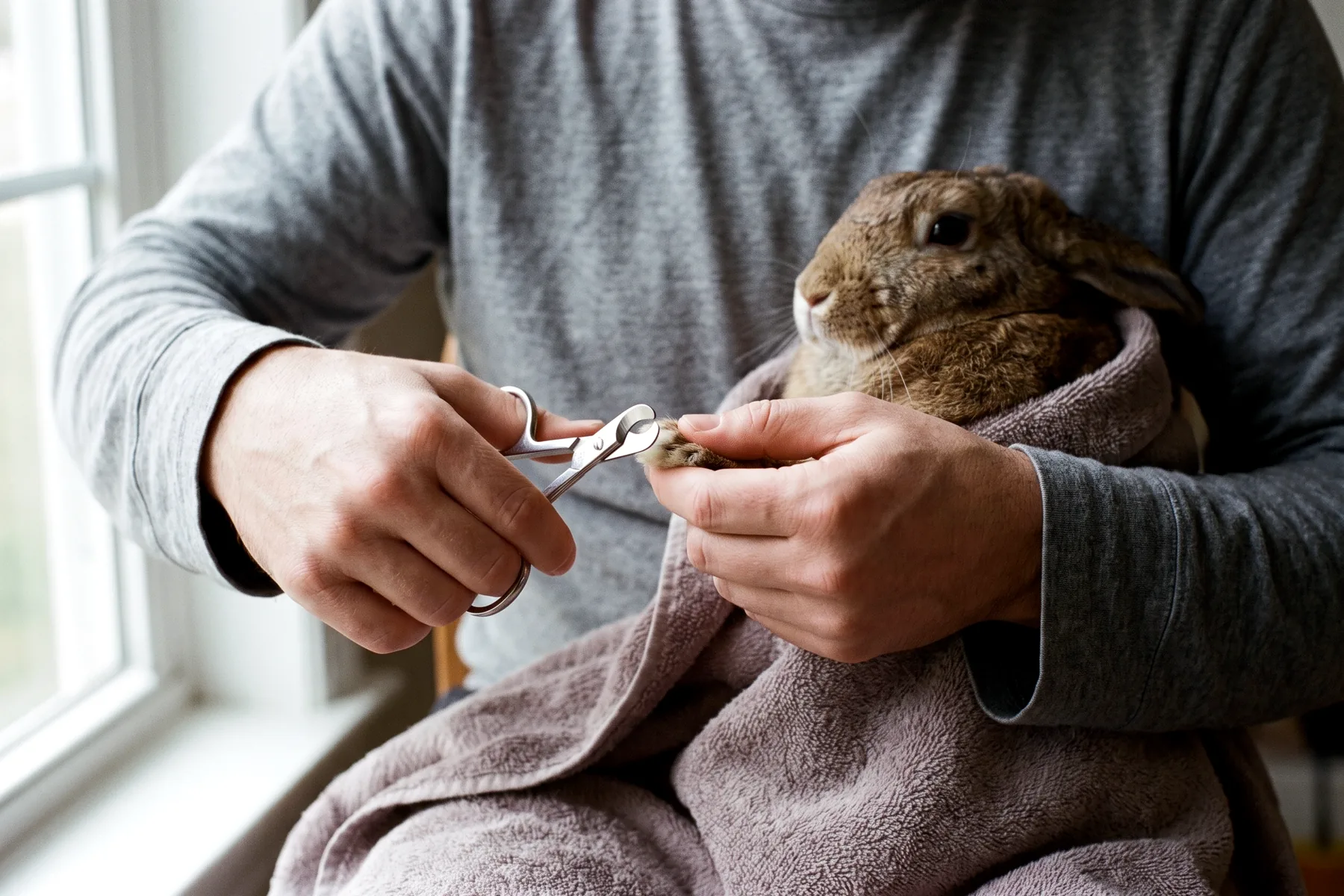 Mains tenant la patte avant d'un lapin et un ciseau coupe-griffes prêt à trancher