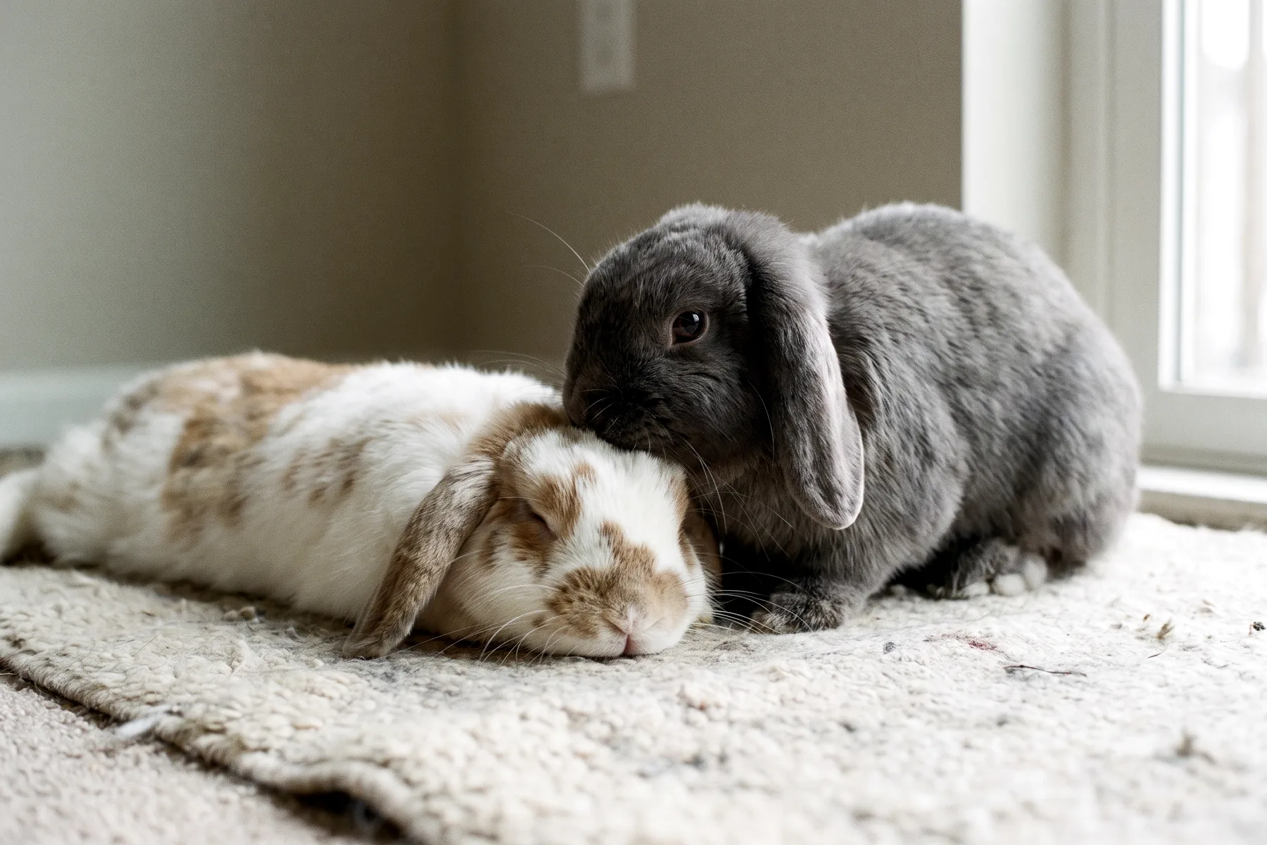 Deux lapins couchés côte à côte, l'un toilettant la tête de l'autre