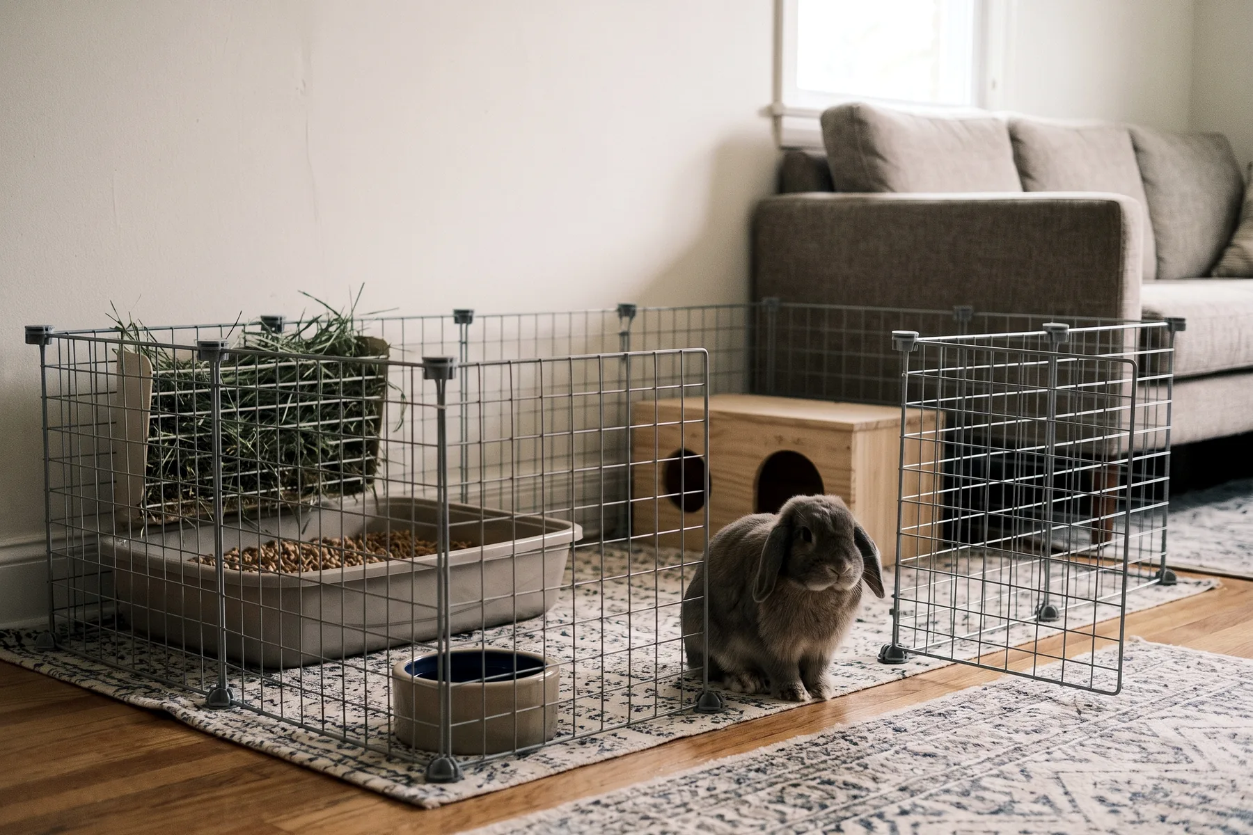 Enclos modulable ouvert dans un salon, avec bac à litière, râtelier à foin et cabane en bois