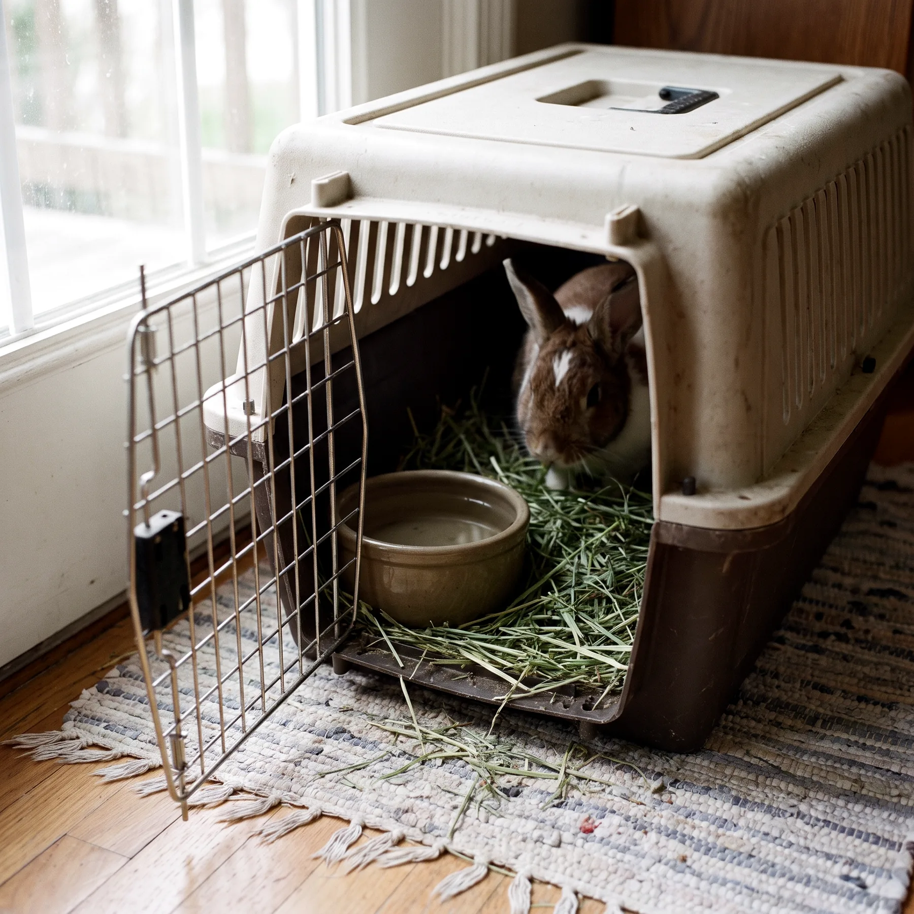 Foin et gamelle d'eau posés à portée immédiate d'un lapin dans son transporteur