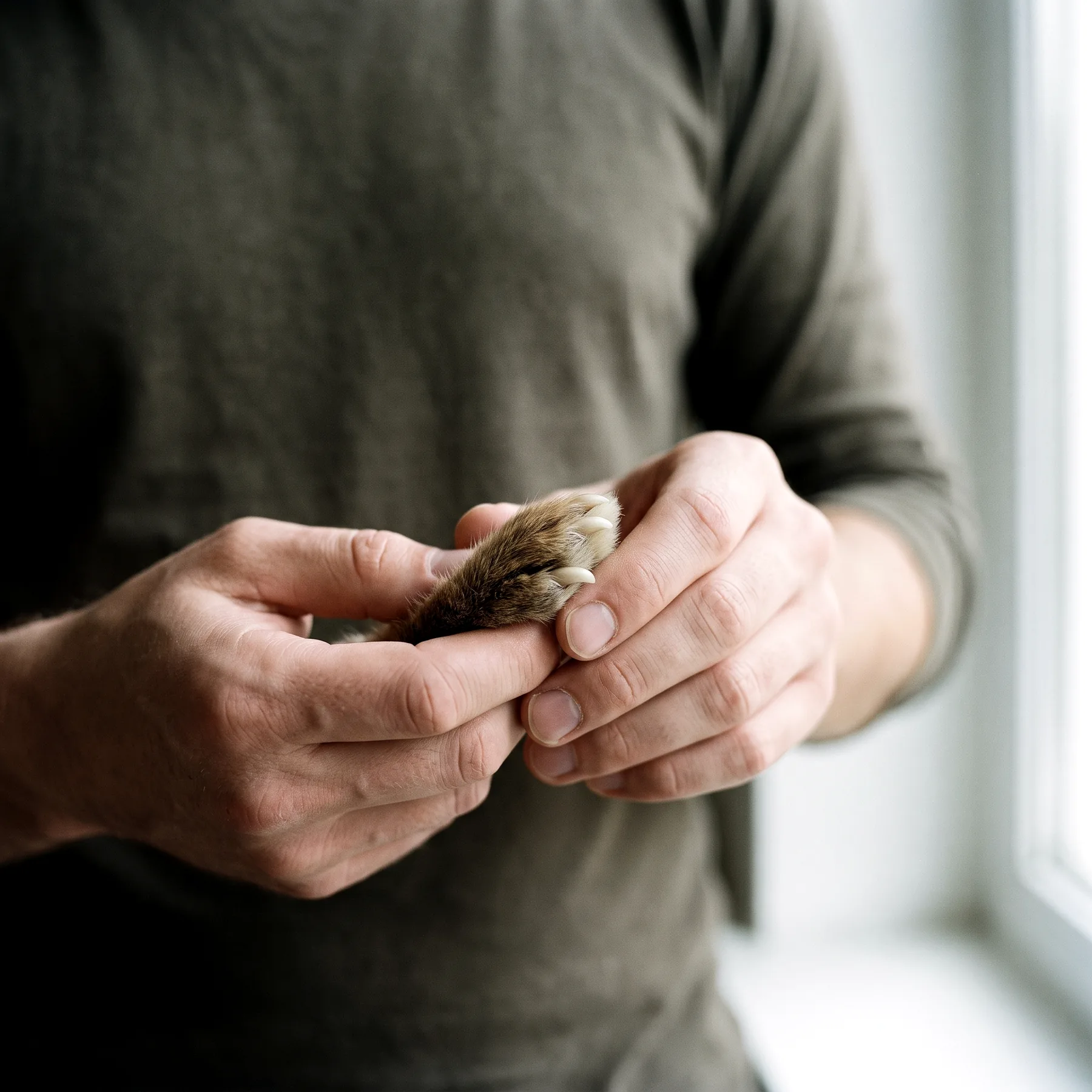 Patte avant d'un lapin âgé tenue par une main, griffes épaisses et opaques