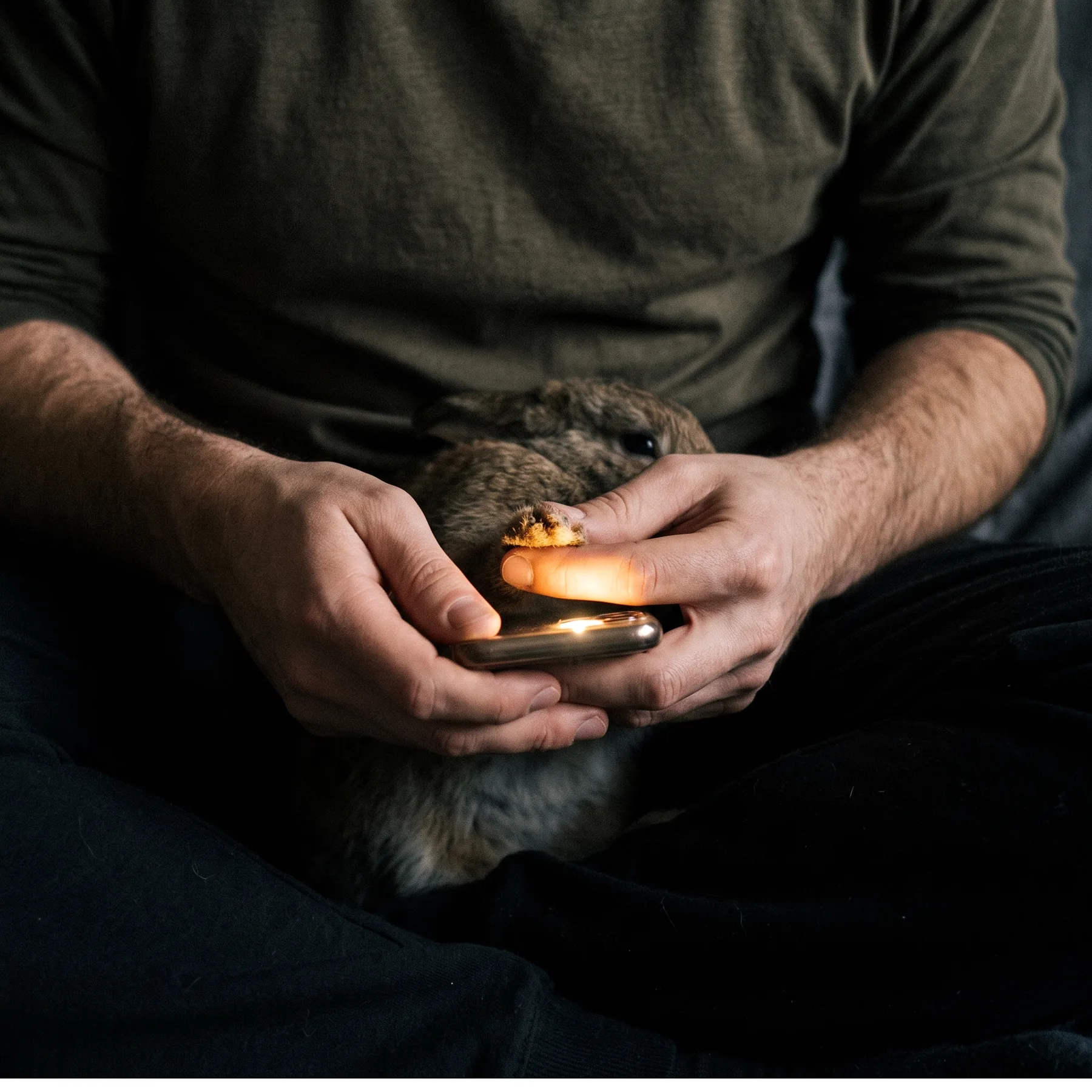 Lampe d'un téléphone plaquée sous une griffe noire de lapin pour révéler la veine par transparence