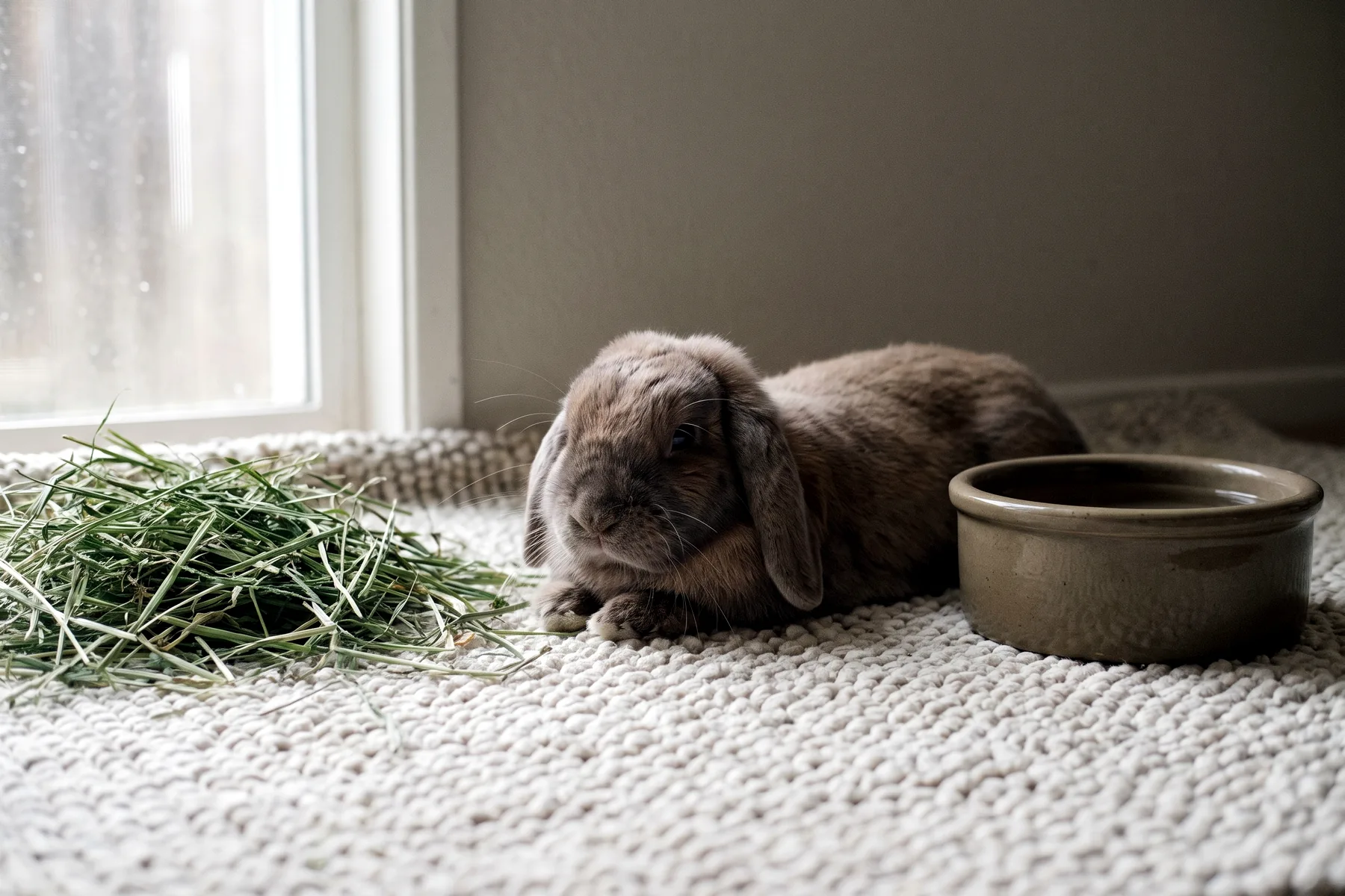 Lapin au repos sur un tapis épais, foin et gamelle d'eau à portée, en convalescence