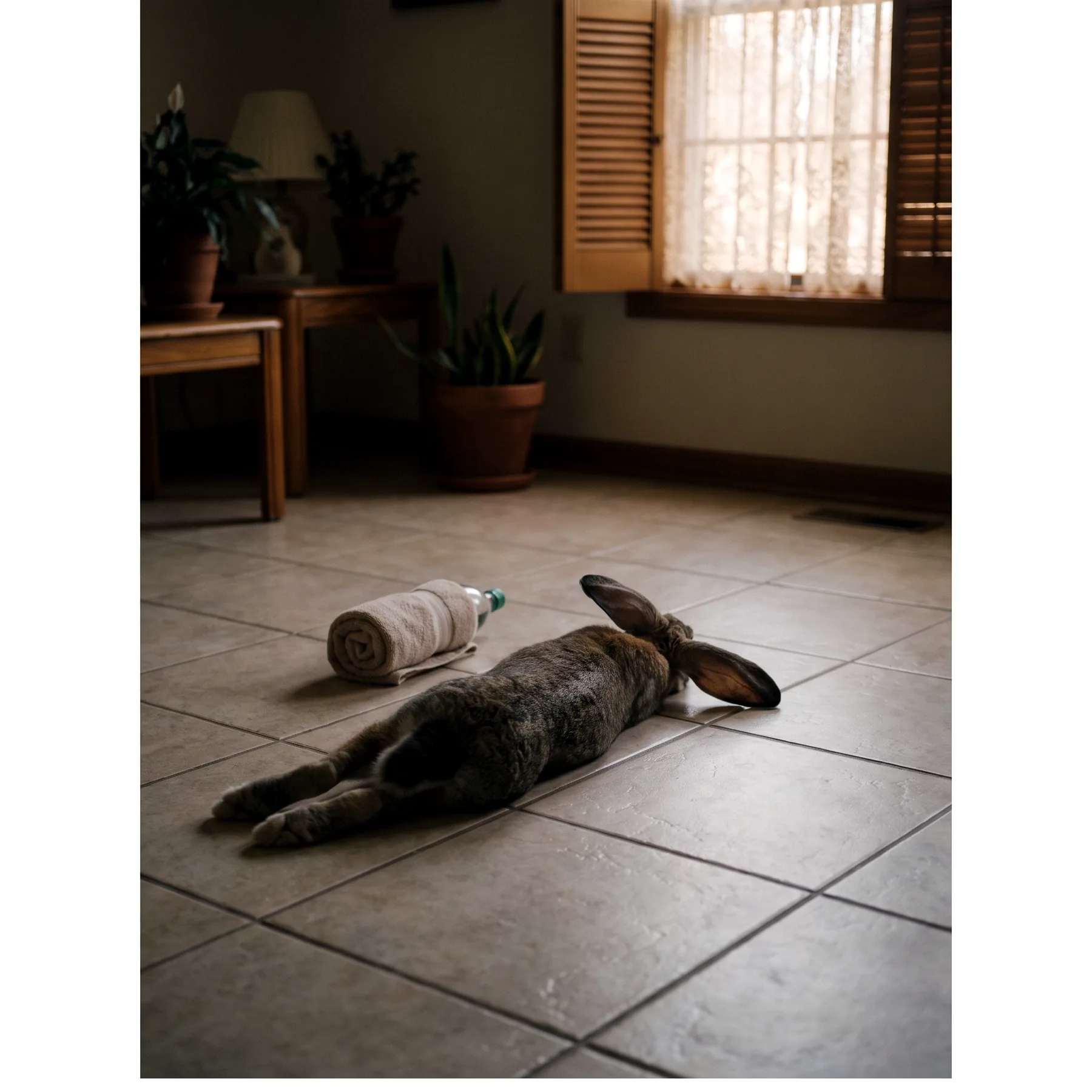 Lapin étalé de tout son long sur un carrelage frais, oreilles bien déployées