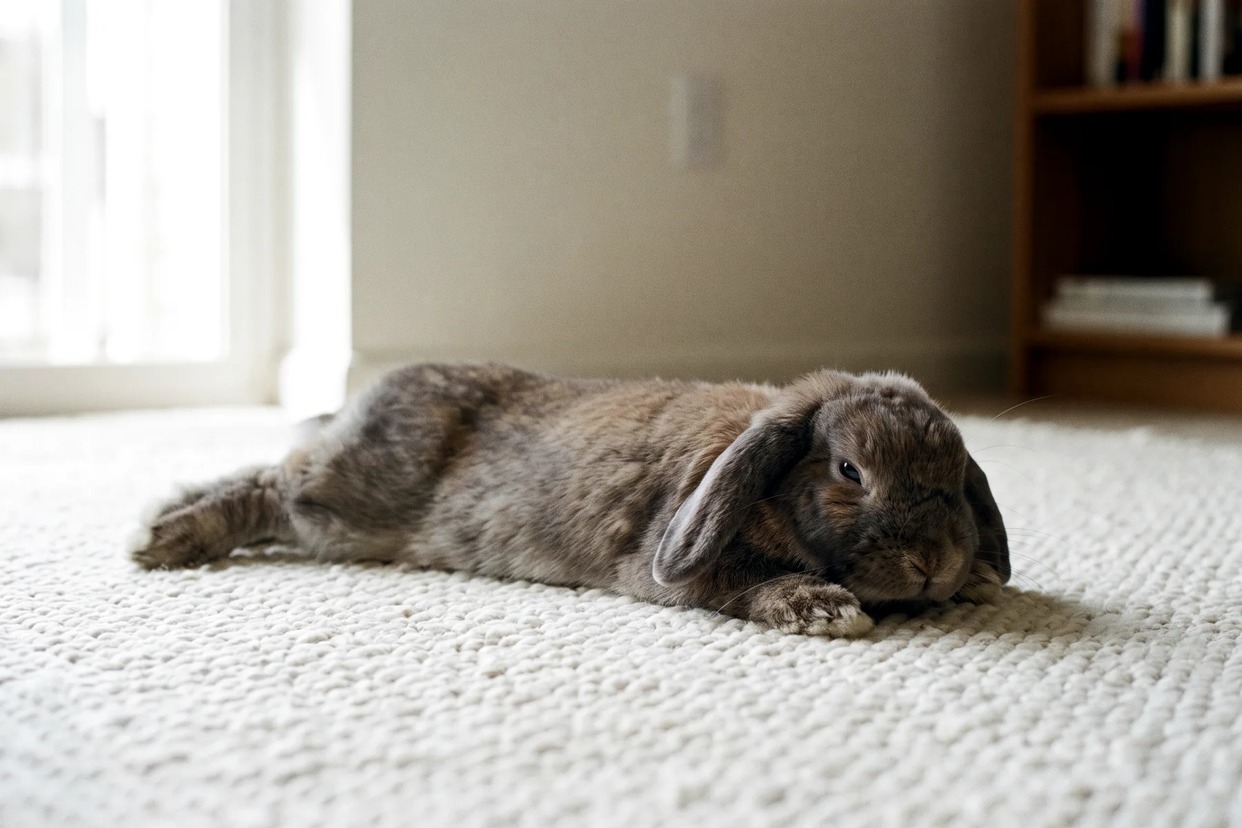 Lapin couché sur le flanc, pattes allongées, complètement détendu sur un tapis
