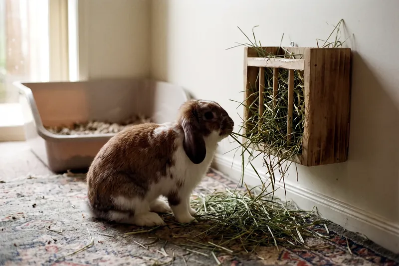 Lapin bélier nain occupé à manger du foin à long brin dans un râtelier