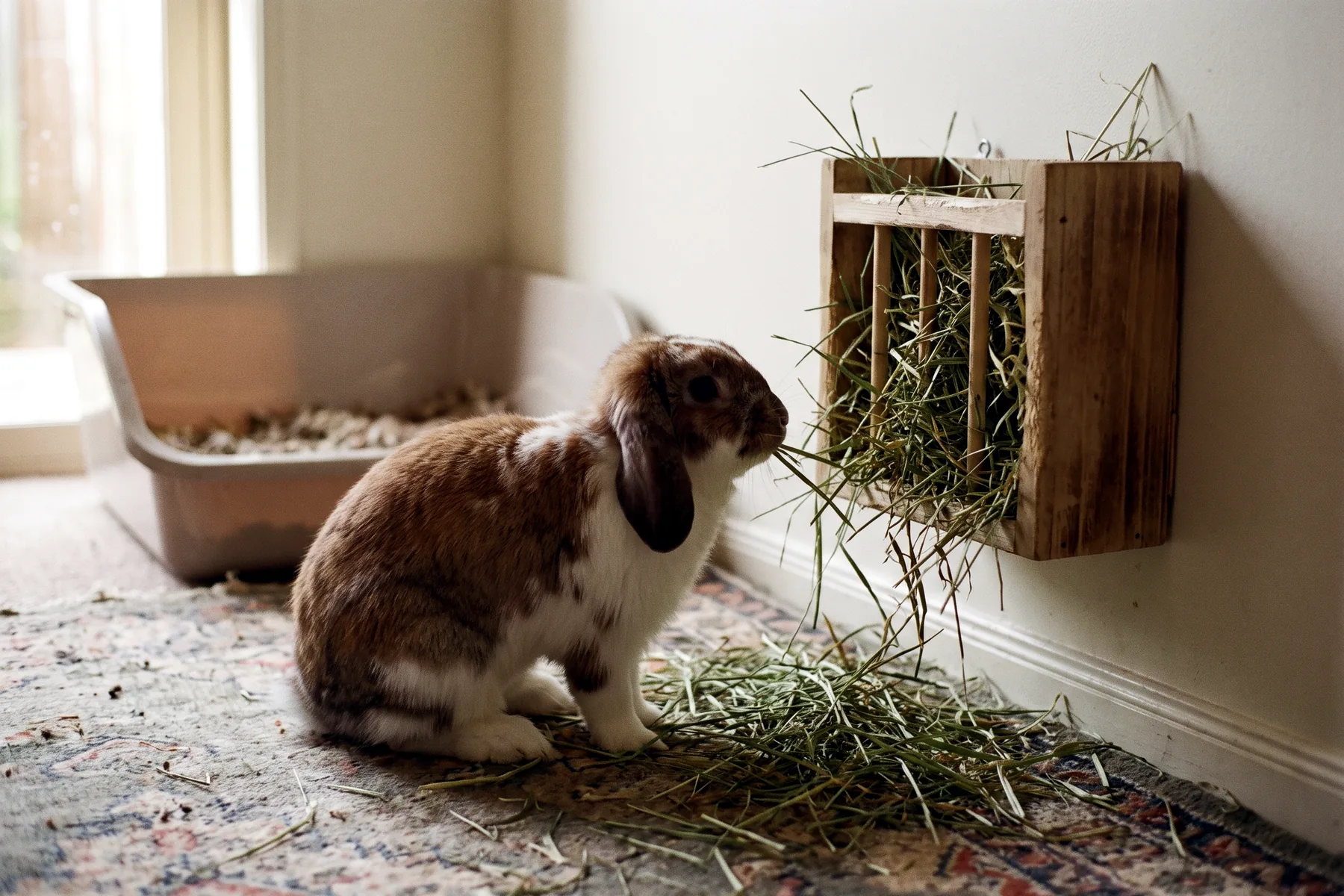 Lapin bélier nain occupé à manger du foin à long brin dans un râtelier