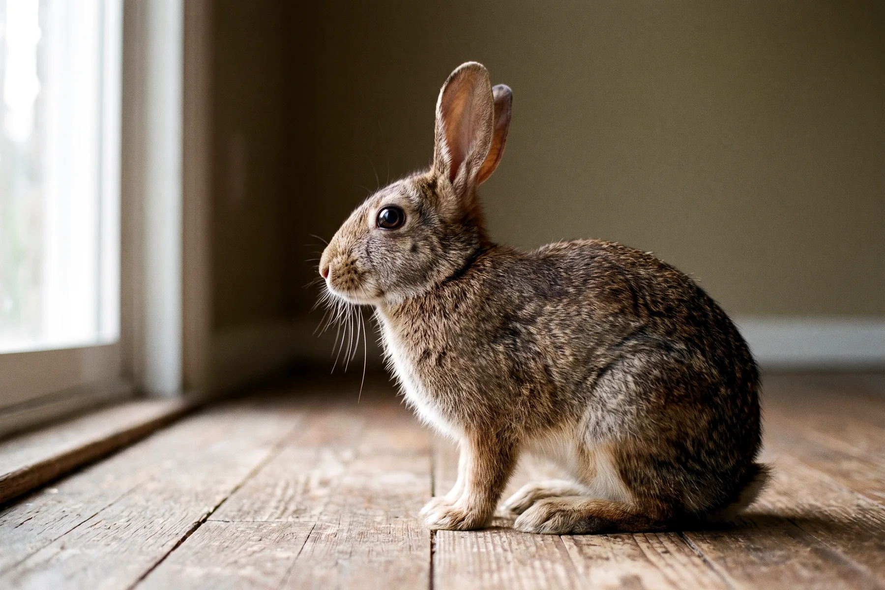 Lapin de profil, oreilles dressées et œil latéral bien visible, en position de vigilance