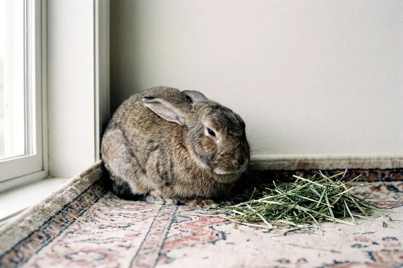 Lapin immobile et tassé sur lui-même dans un coin de son enclos, foin non touché à proximité