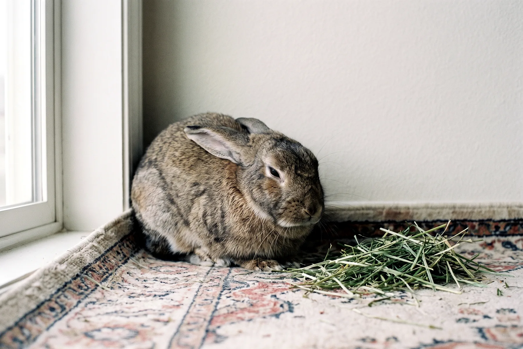 Lapin immobile et tassé sur lui-même dans un coin de son enclos, foin non touché à proximité
