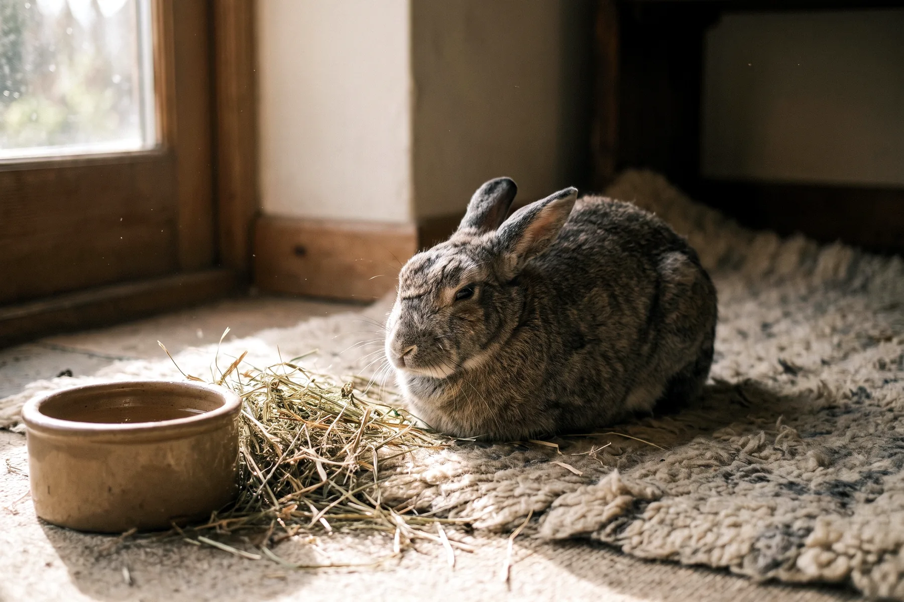 Lapin âgé installé sur un tapis épais, museau grisonnant, au repos