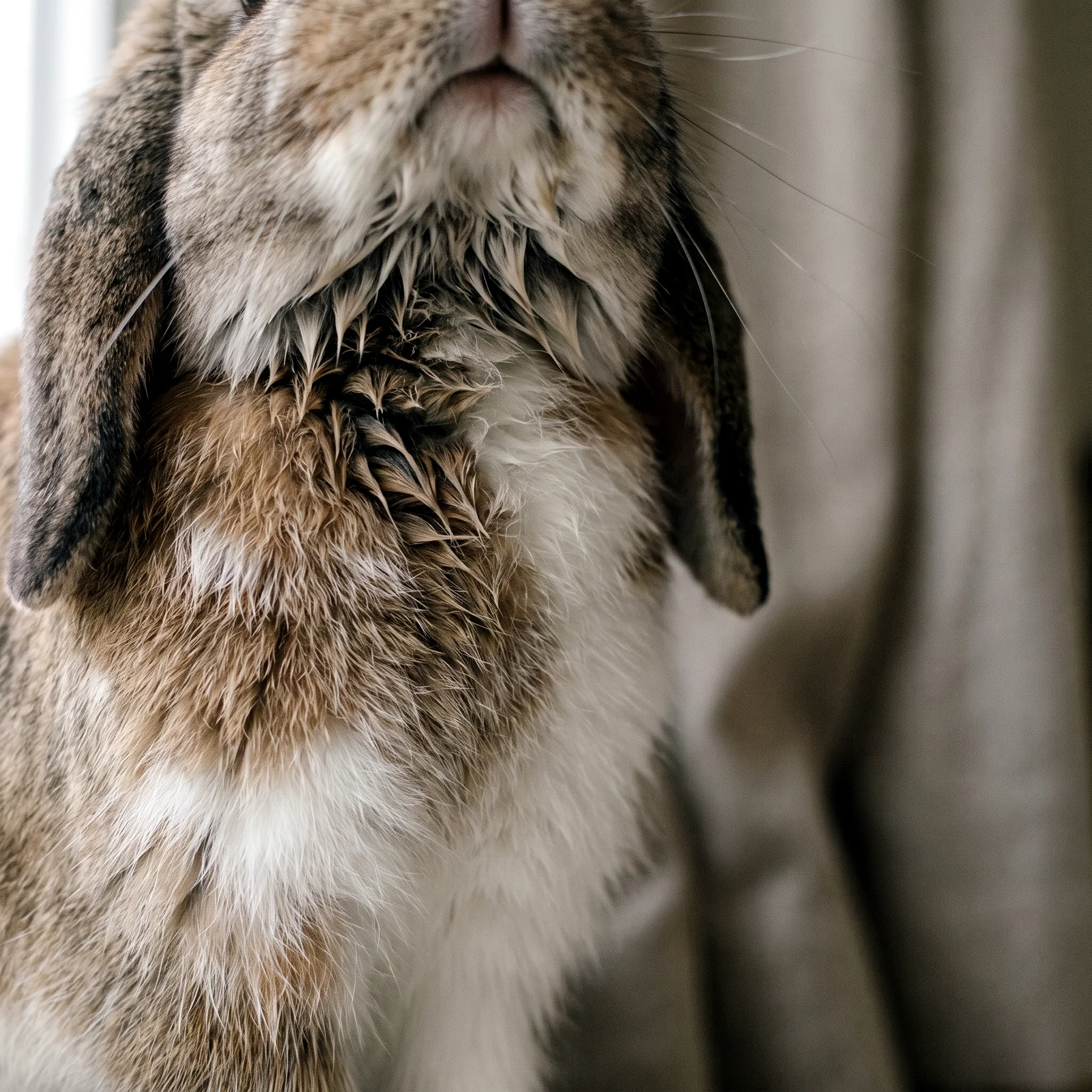 Menton et fanon d'un lapin mouillés en permanence, poils collés par le bavage