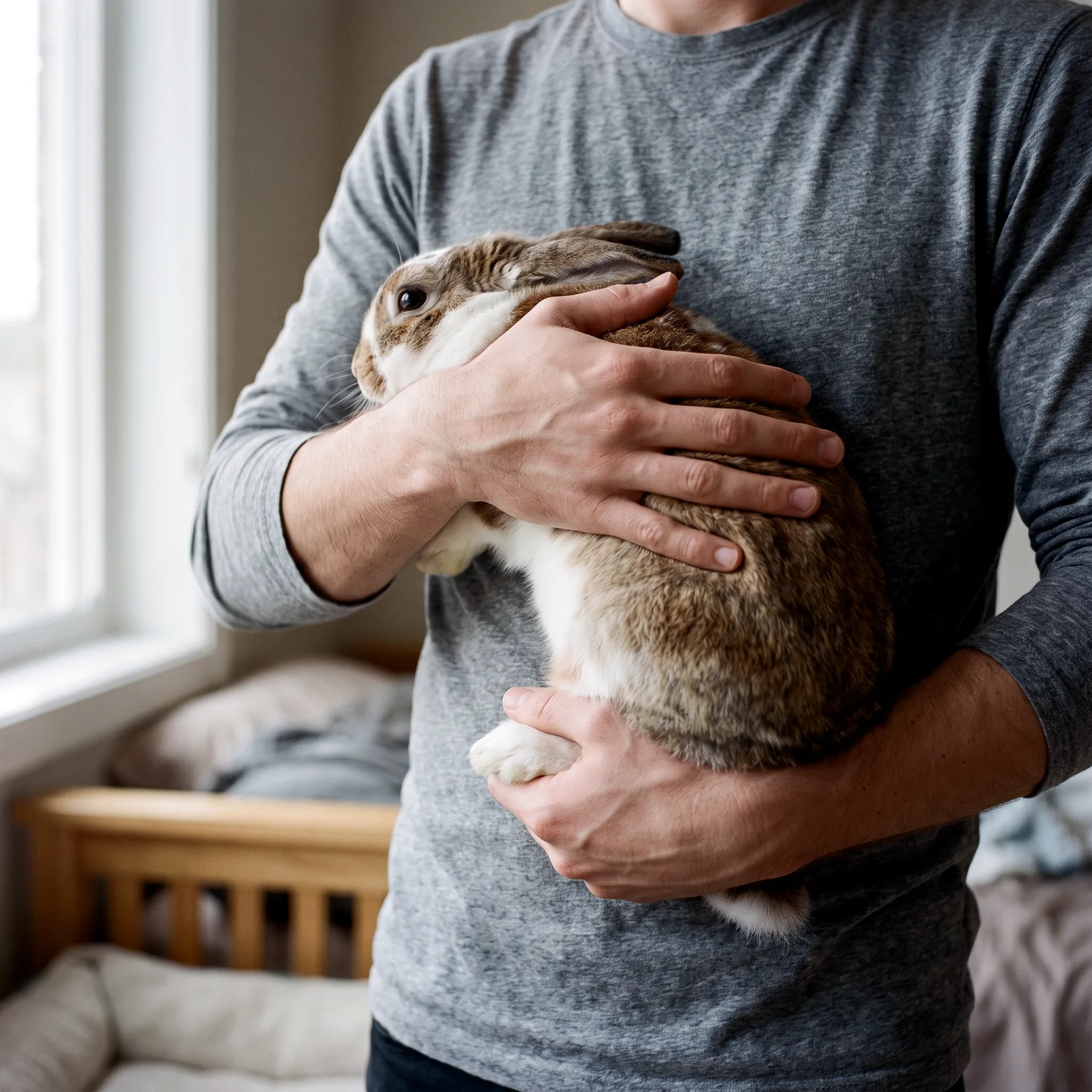 Mains soutenant un lapin, une sous le thorax et l'autre sous l'arrière-train