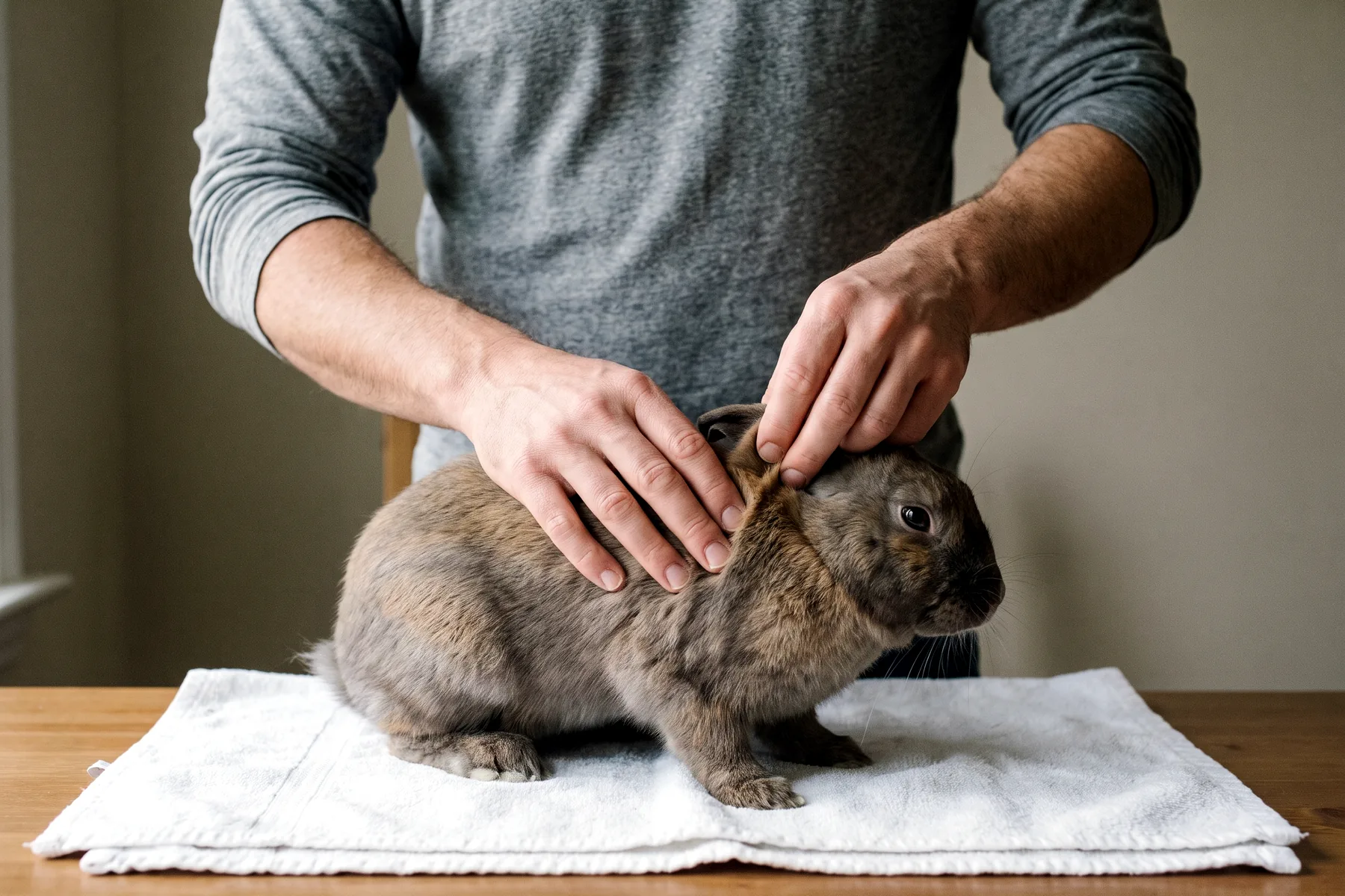 Mains soulevant délicatement la peau du dos d'un lapin calme, dans un contexte de soin