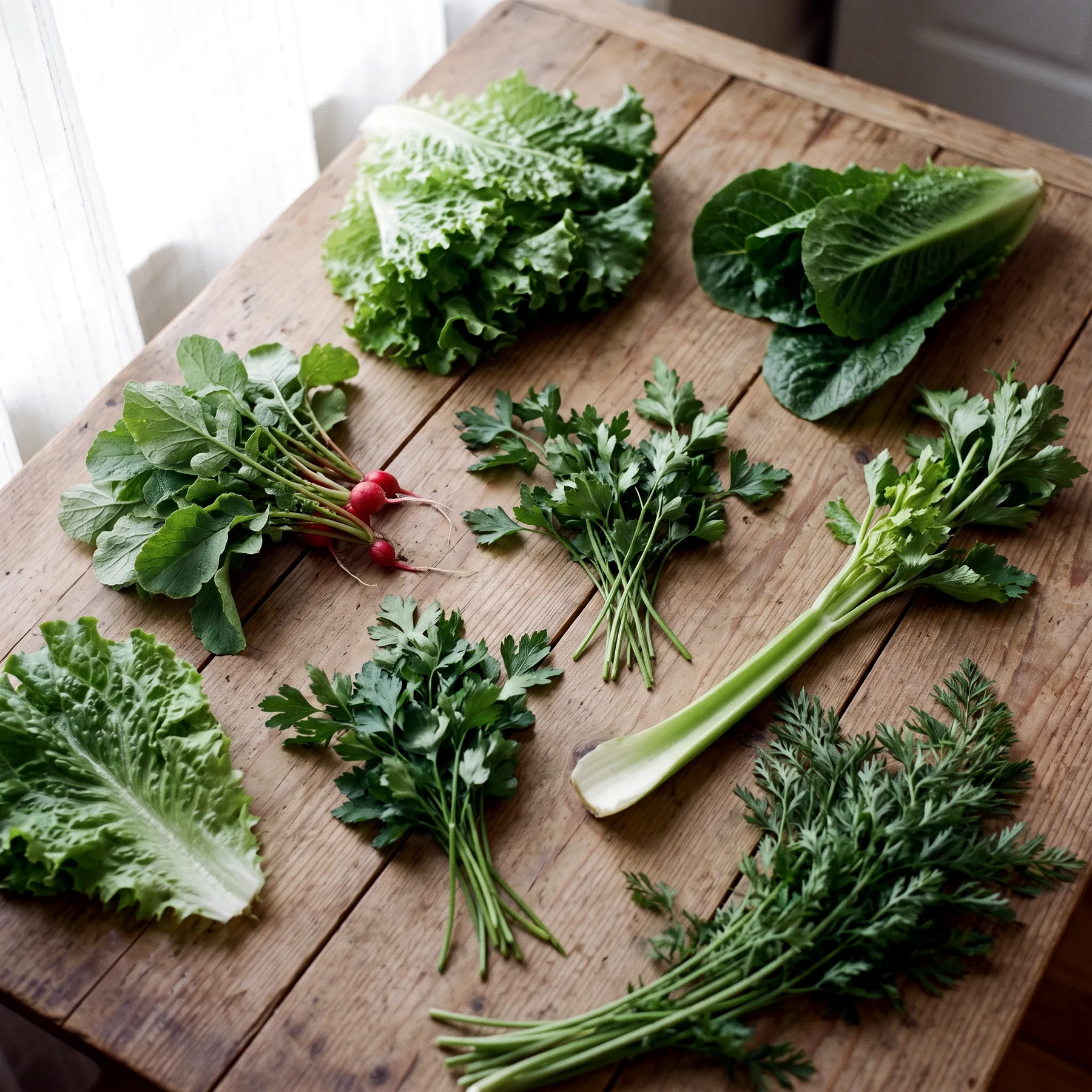 Assortiment de verdure fraîche pour lapin : batavia, fanes de radis, persil et céleri branche