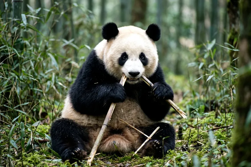 Panda géant adulte au pelage blanc et noir, assis, tenant une tige de bambou entre ses pattes antérieures.