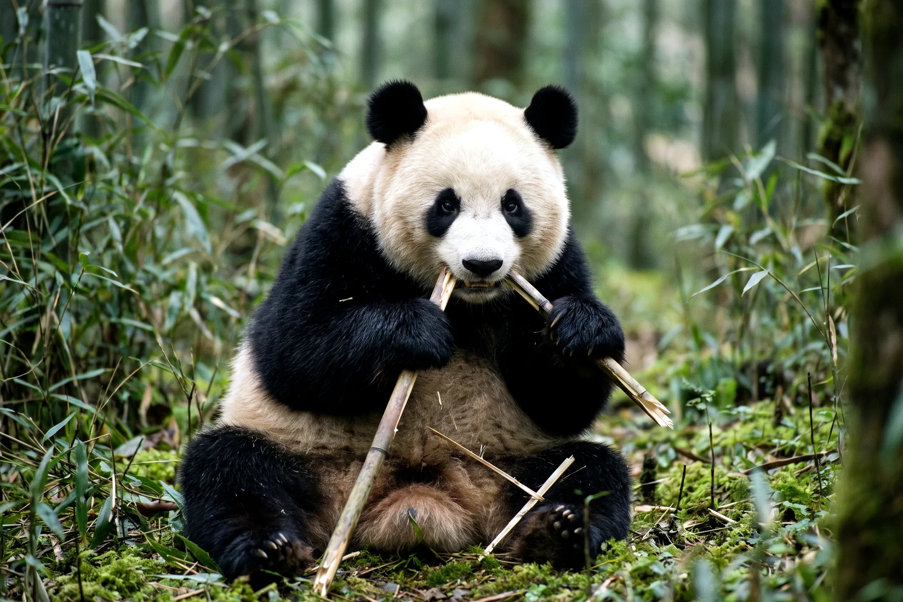 Panda géant adulte au pelage blanc et noir, assis, tenant une tige de bambou entre ses pattes antérieures.