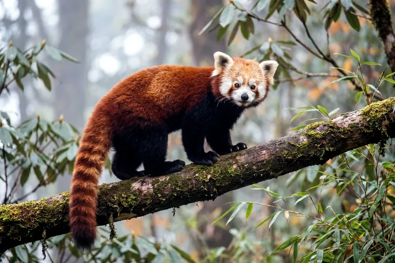 Panda roux au pelage roux et blanc, museau clair et longue queue annelée, perché sur une branche moussue.