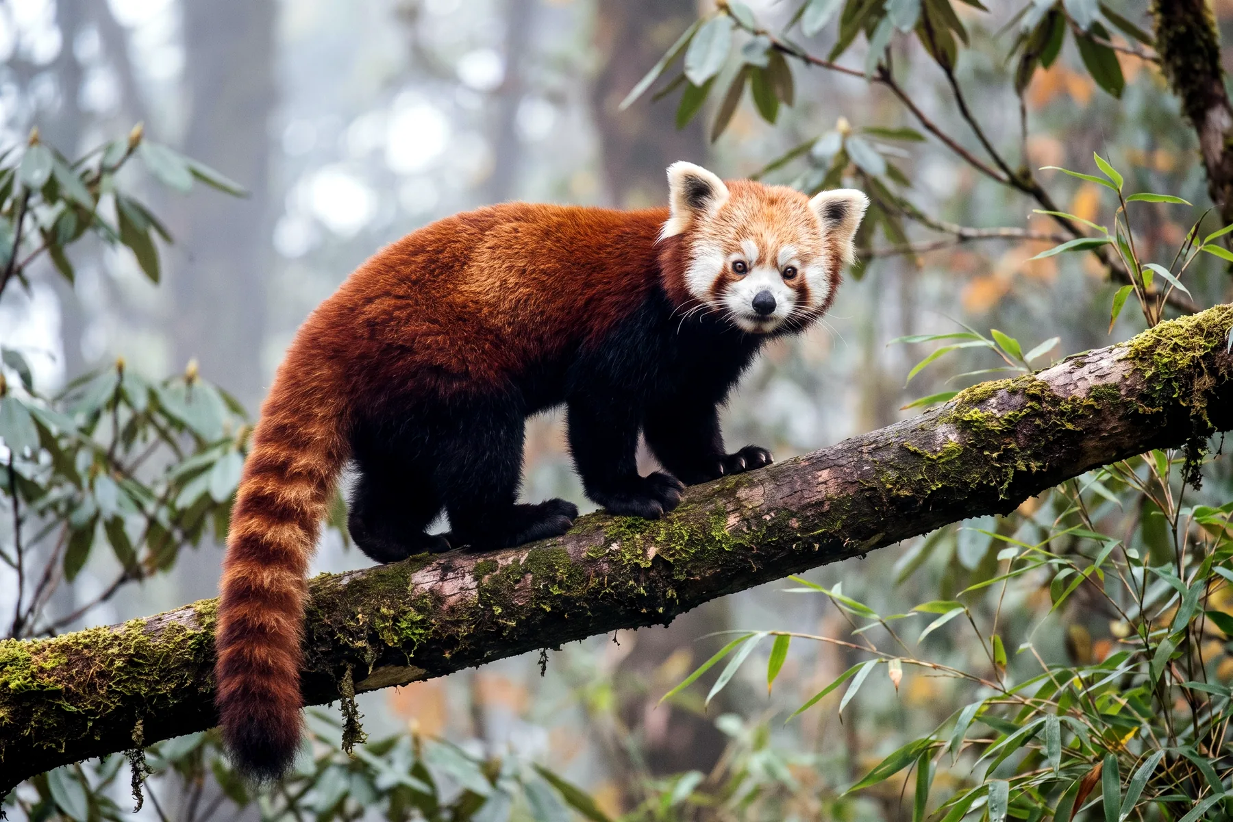 Panda roux au pelage roux et blanc, museau clair et longue queue annelée, perché sur une branche moussue.