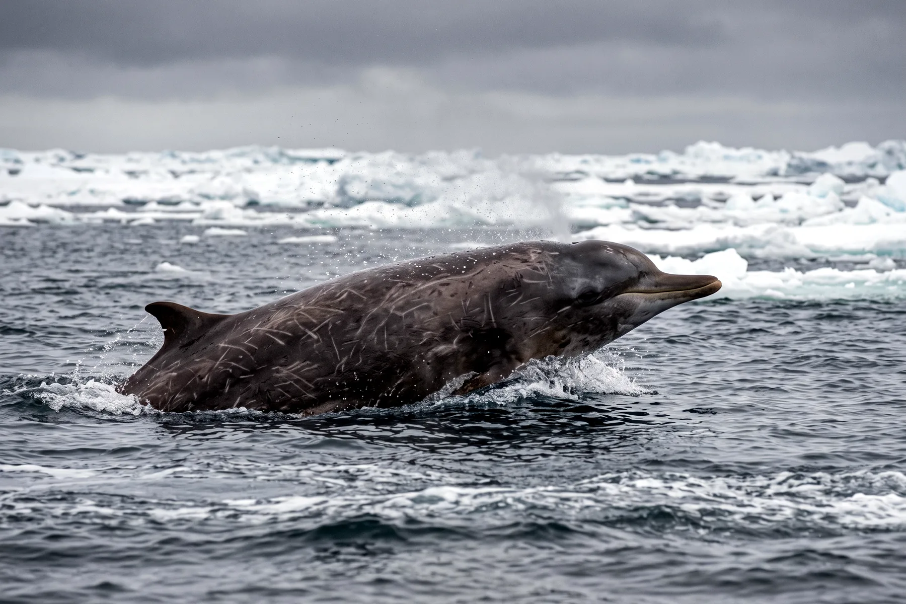 Baleine à bec sombre à long rostre nageant en surface dans une mer froide australe, dos arrondi et petite nageoire dorsale reculée.