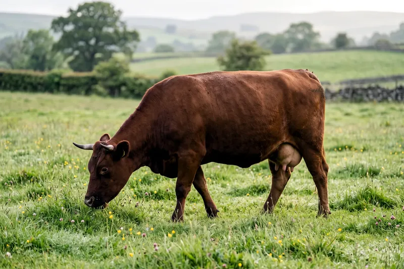 Vache adulte à robe brune debout dans un pré, encolure massive, cornes courtes, mufle large et sombre, pis développé.