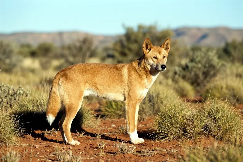 Dingo adulte au pelage fauve, oreilles dressées et queue touffue, debout de profil dans un paysage aride australien.