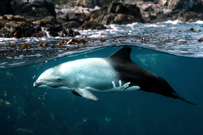 Dauphin de Heaviside gris foncé au corps trapu et aileron dorsal triangulaire, nageant près de la surface d'une eau côtière.
