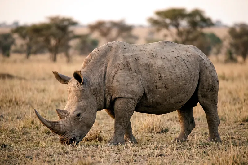 Rhinocéros blanc adulte de profil dans une savane, tête basse près du sol, large bouche carrée, deux cornes et robe gris clair.
