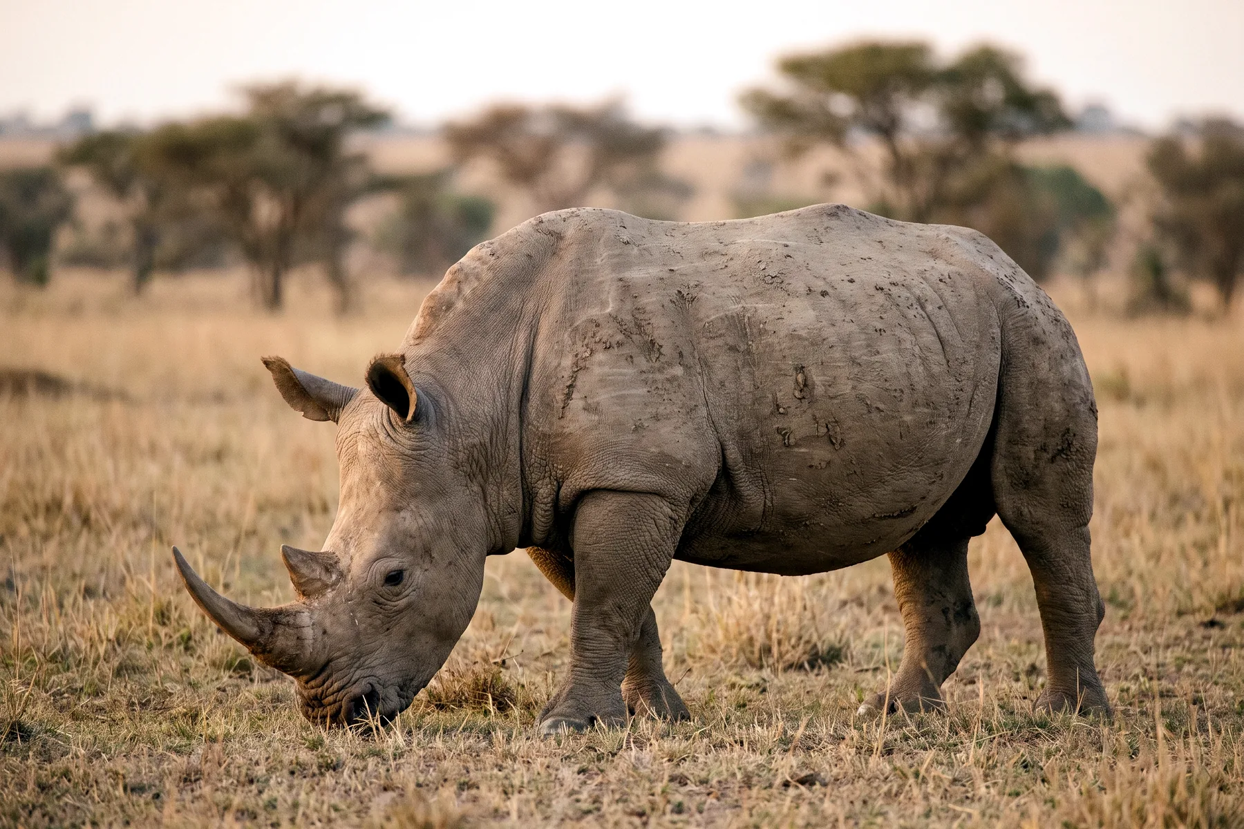 Rhinocéros blanc adulte de profil dans une savane, tête basse près du sol, large bouche carrée, deux cornes et robe gris clair.