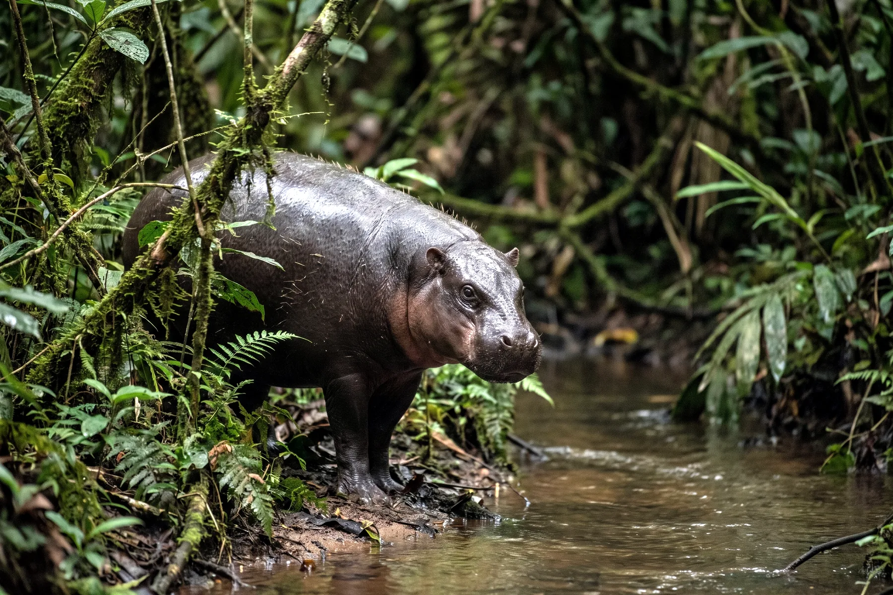 Hippopotame pygmée adulte à la peau brun-noir luisante, museau arrondi et pattes courtes, au bord d'un cours d'eau forestier.