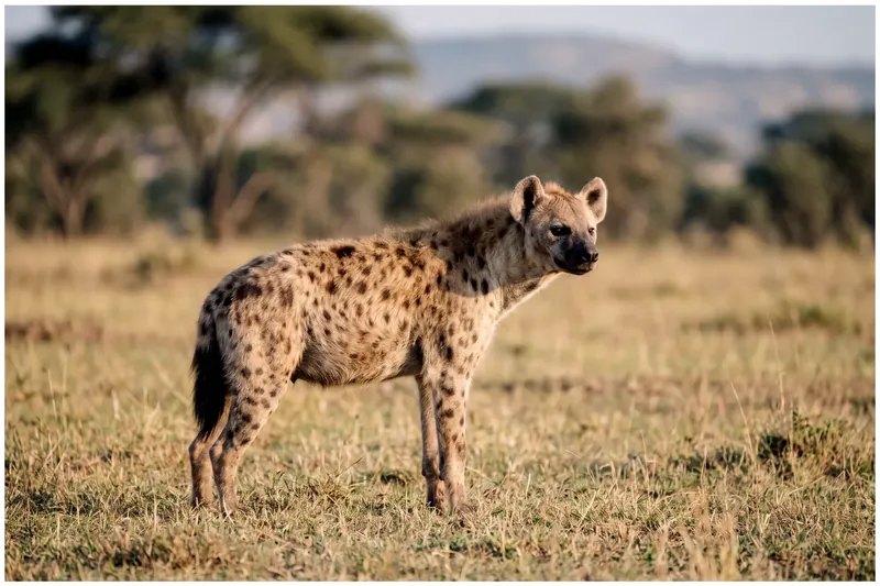 Hyène tachetée adulte de profil, robe fauve mouchetée de taches sombres, museau massif et avant-train surélevé, dans une savane sèche.