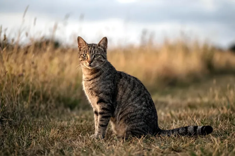 Chat domestique adulte au pelage tigré gris assis dans l'herbe, oreilles dressées et longue queue repliée le long du corps.