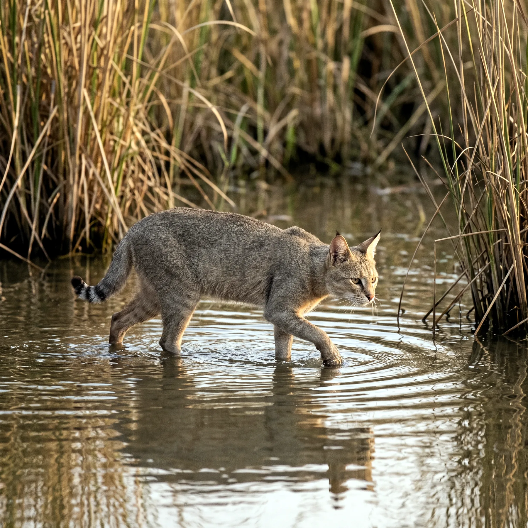 Chat des marais avançant dans une eau peu profonde, pattes immergées, en train de chasser