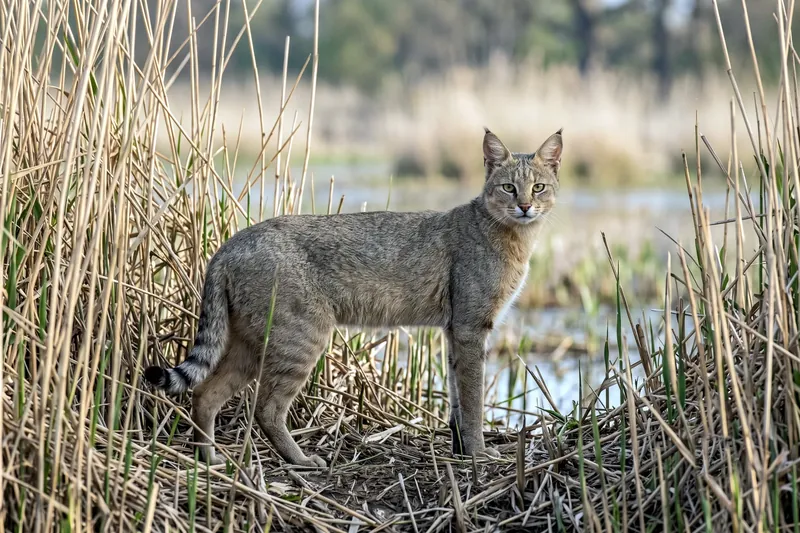 Chat des marais adulte à la robe sable, aux longues pattes et aux pinceaux auriculaires noirs, dans une roselière sèche