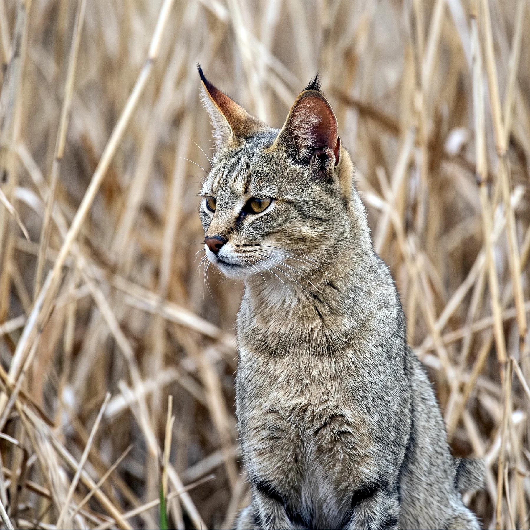 Détail de la tête d'un chat des marais montrant les touffes de poils noirs à l'extrémité des oreilles