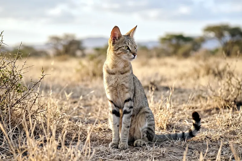 Chat sauvage fauve rayé assis dans une savane sèche, oreilles dressées, pattes barrées de bandes sombres et queue annelée.