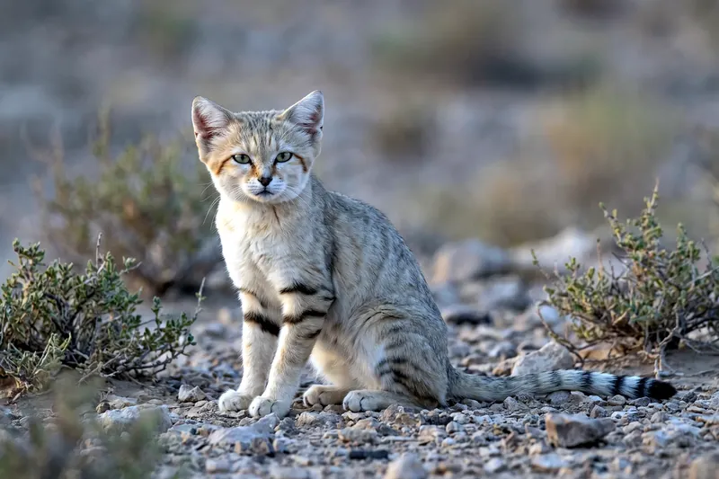 Chat des sables au pelage sable pâle, aux larges oreilles écartées et à la queue annelée, assis sur un sol désertique.