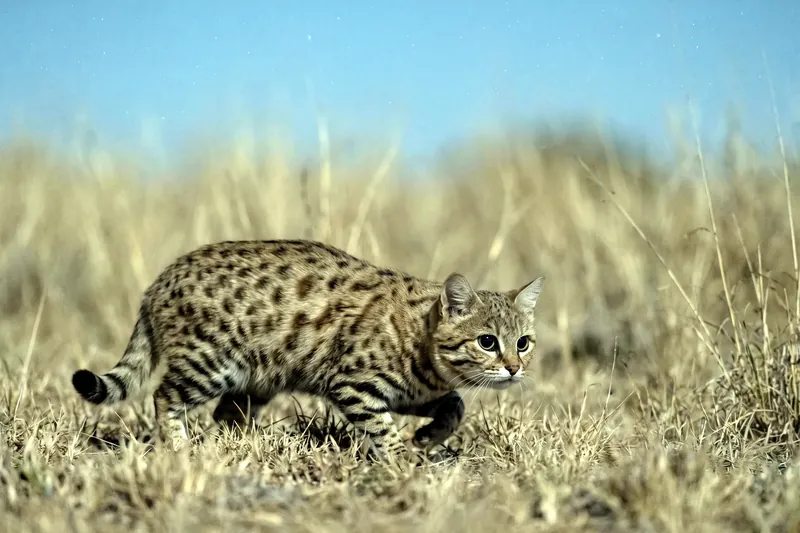 Petit chat sauvage tacheté au pelage fauve, oreilles arrondies et coussinets noirs, dans une prairie sèche nocturne.