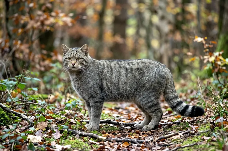 Chat sauvage au pelage gris-brun tigré, museau large et queue épaisse annelée de noir à bout arrondi, en sous-bois.