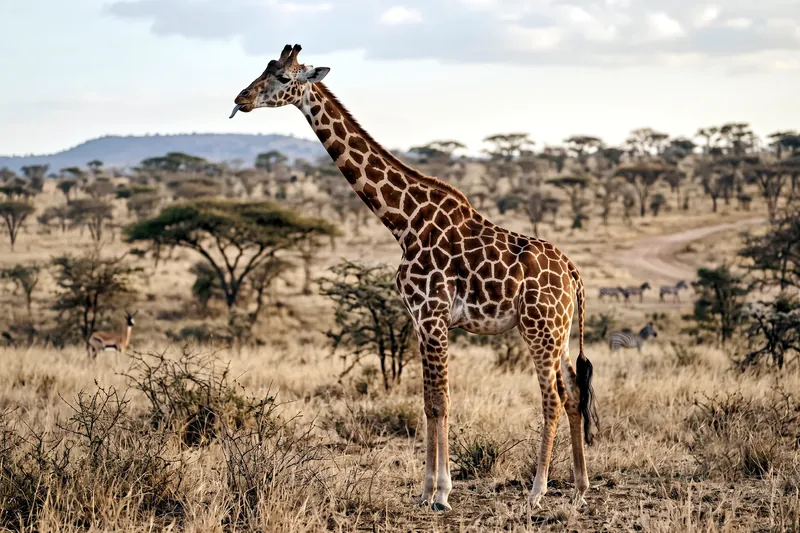 Girafe adulte debout dans une savane, long cou dressé, robe claire marquée de larges taches brun-roux séparées de lignes pâles.