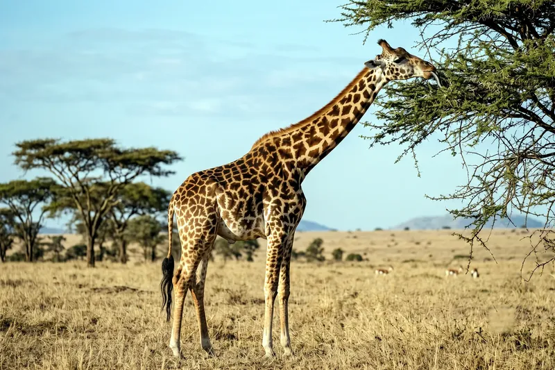 Girafe Masaï adulte debout dans une savane, cou dressé, robe à taches brunes découpées en étoile sur fond crème.