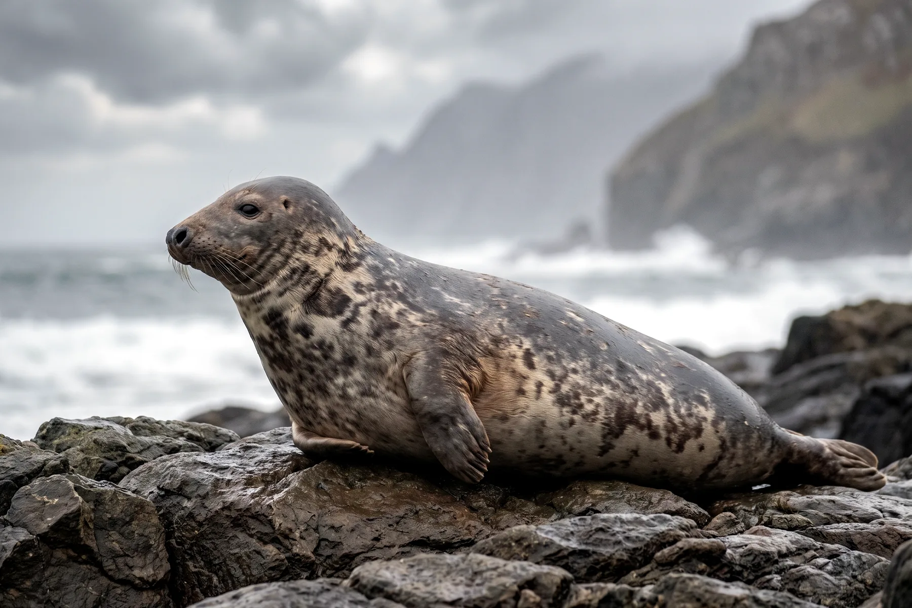 Phoque gris adulte sur une côte rocheuse, museau allongé au profil busqué, pelage gris tacheté de sombre