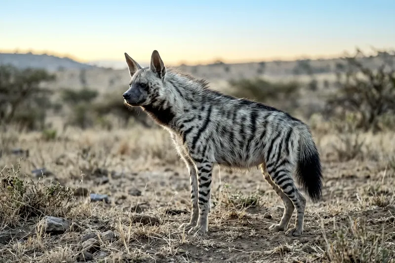 Hyène rayée adulte au pelage gris beige, crinière dorsale dressée et pattes barrées de noir, dans une steppe aride.