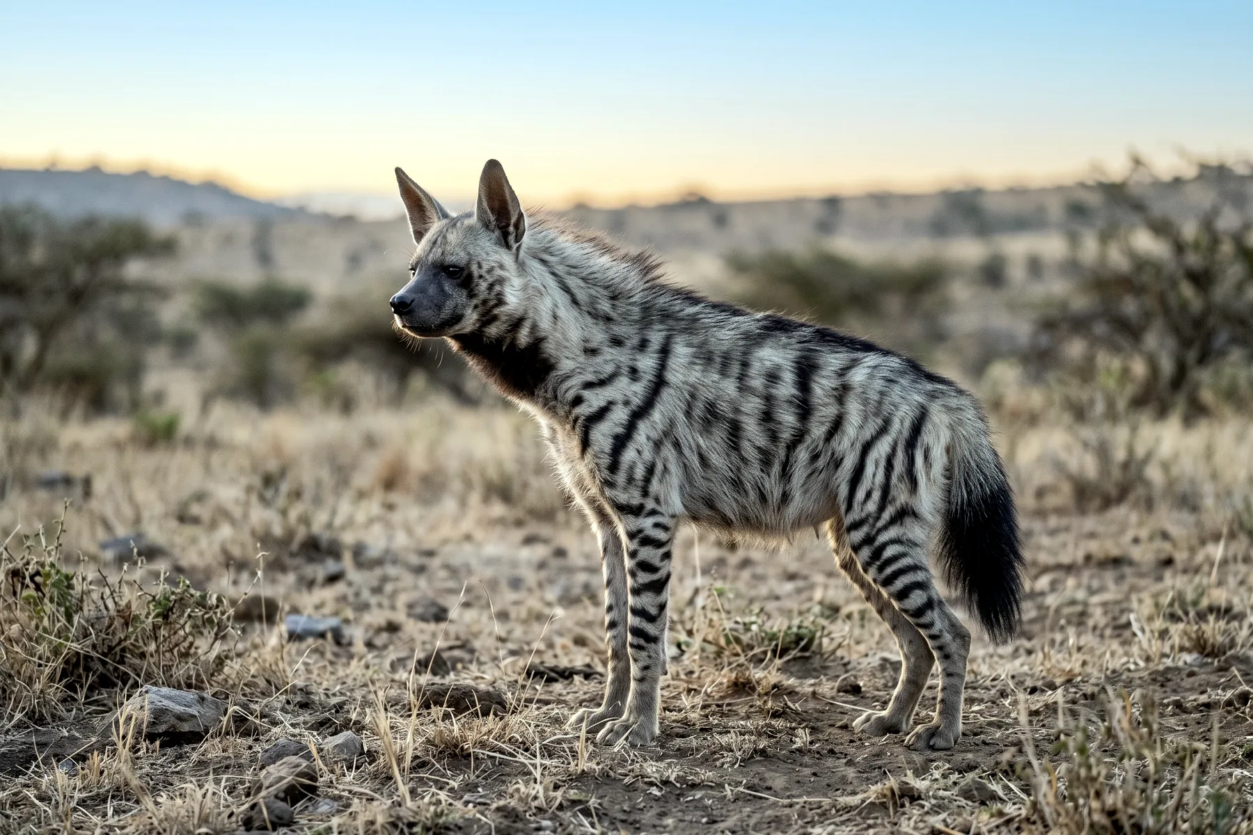 Hyène rayée adulte au pelage gris beige, crinière dorsale dressée et pattes barrées de noir, dans une steppe aride.
