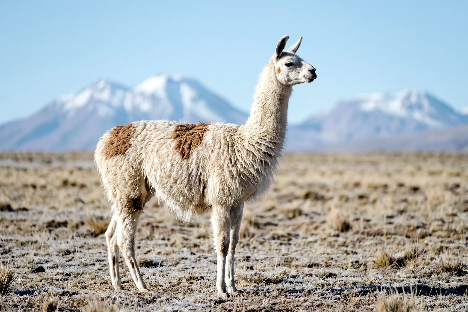 Lama adulte au pelage clair debout dans une prairie d'altitude andine, encolure dressée et longues oreilles incurvées.