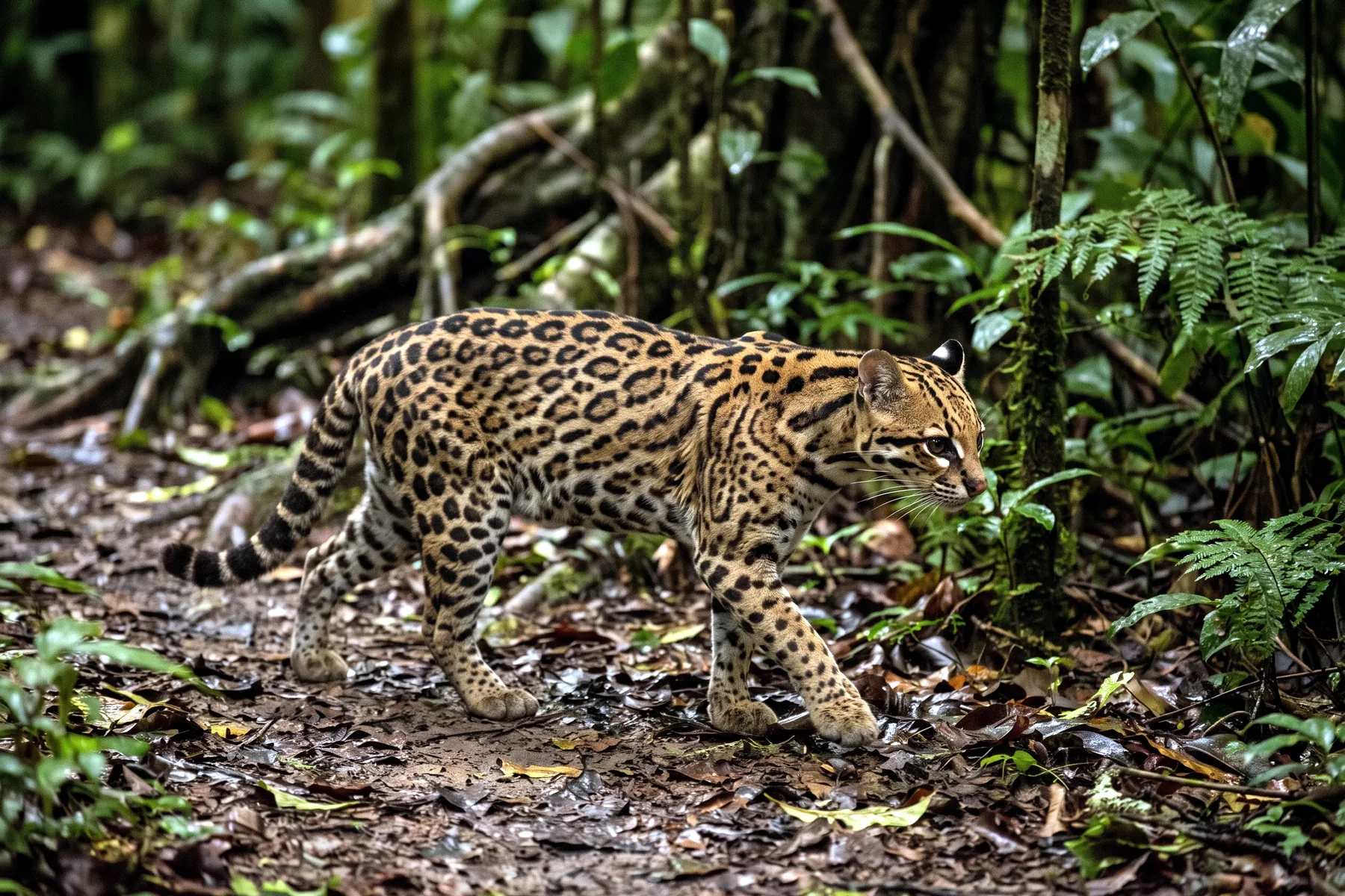 Ocelot adulte au pelage fauve marqué de taches et rosettes brunes bordées de noir, oreilles arrondies, dans un sous-bois.