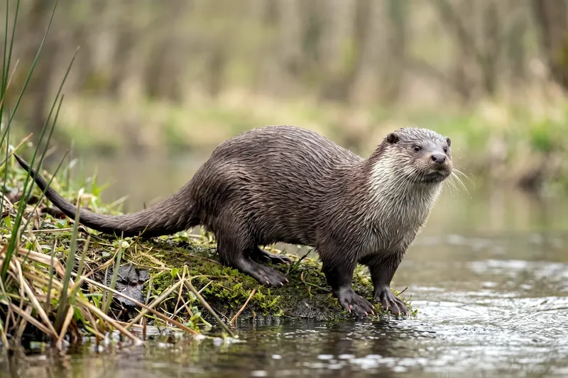 Loutre d'Europe au pelage brun sortant de l'eau sur une berge, corps allongé, queue épaisse et museau large aux vibrisses claires.
