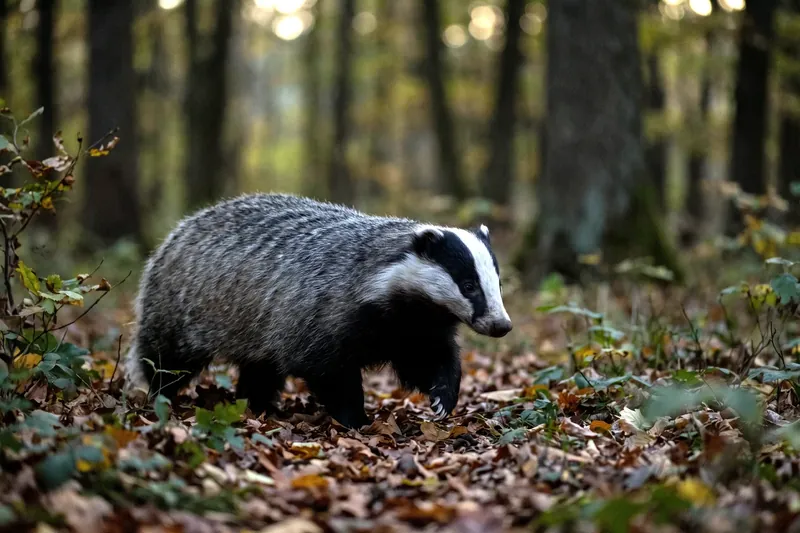 Blaireau européen adulte au museau blanc barré de deux bandes noires longitudinales, corps trapu et pelage gris, en sous-bois.